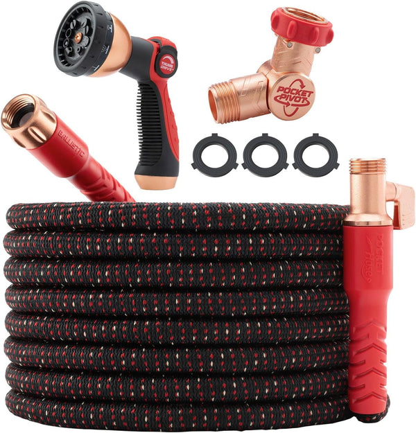 Pocket Hose Ballistic 50 FT Expandable Garden Hose w/Pocket Pivot Swivel Connector, Anti-Burst Sleeve Reinforced with Bulletproof Fiber, Lightweight