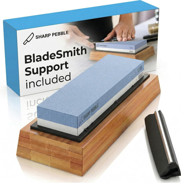 Sharp Pebble Premium Whetstone Knife Sharpening System, 1000/6000 Grit Whetstone Knife Sharpener & Honing Kit with Angle Guide & Non-Slip Bamboo Base