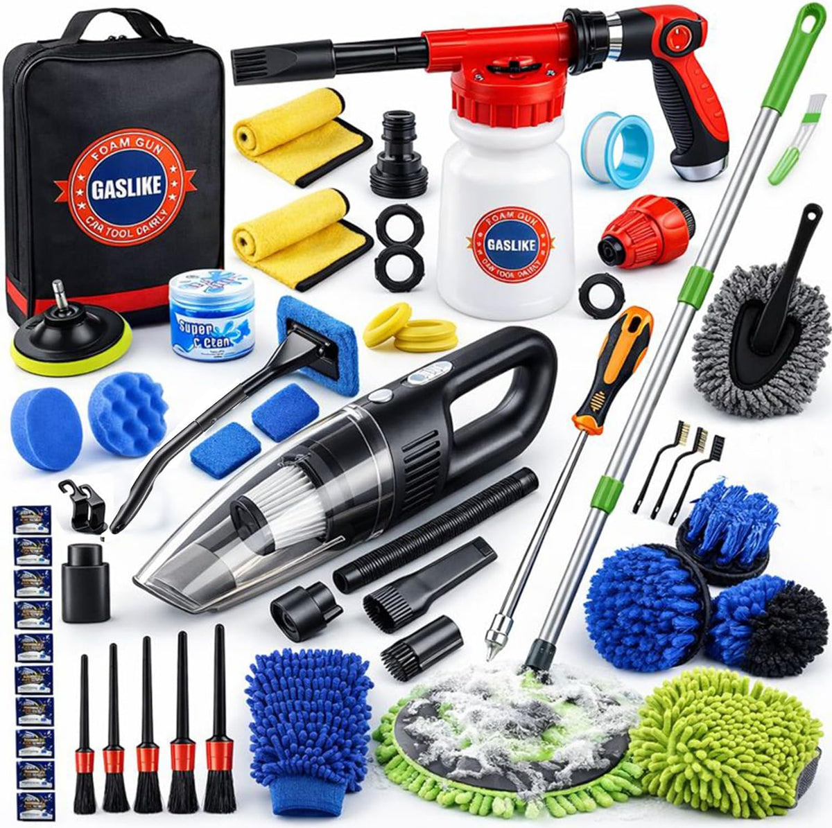 GASLIKE Car Cleaning Kit, 56Pcs Car Wash Cleaning Kit with Foam Gun, Car Wash Brush with Long Handle, Car Detailing Kit