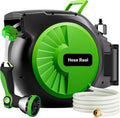 PQH Retractable Garden Hose Reel 100FT x 1/2 in, Wall Mount Water Hose Reel for Outside with Auto Rewind, Tangle-Free Guide, 180° Swivel Bracket