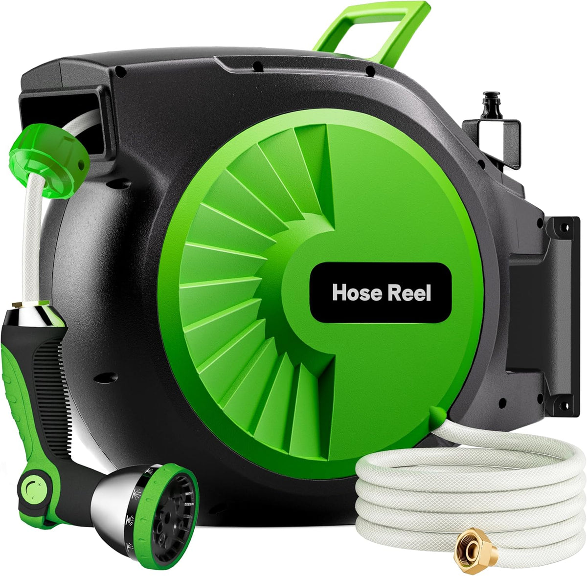 PQH Retractable Garden Hose Reel 100FT x 1/2 in, Wall Mount Water Hose Reel for Outside with Auto Rewind, Tangle-Free Guide, 180° Swivel Bracket