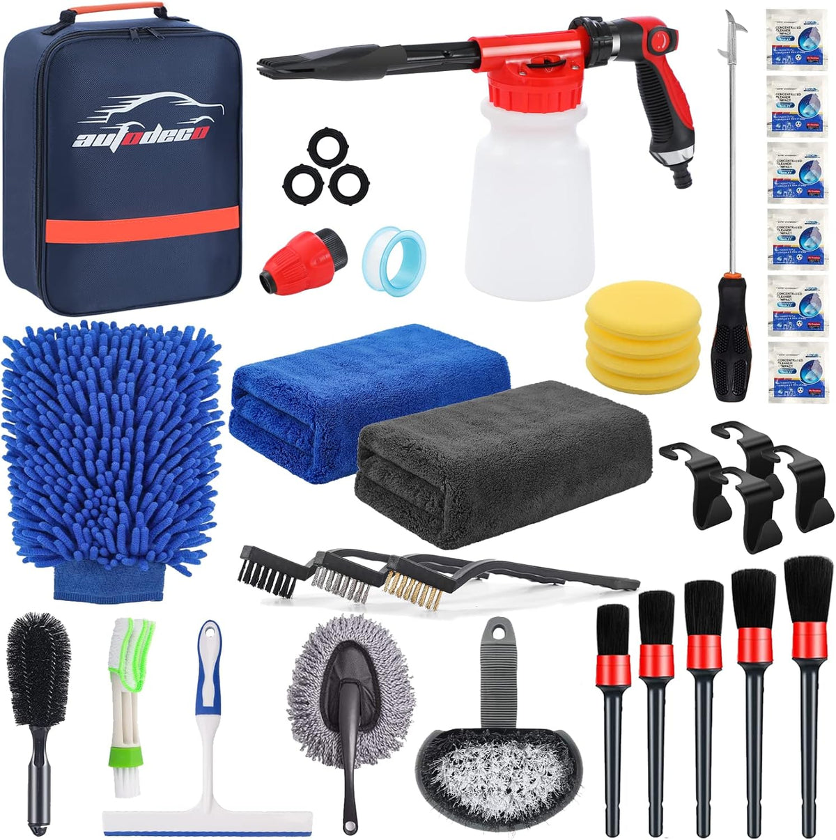 AUTODECO Car Cleaning Kit, 42Pcs Car Wash Detailing Kit Cleaning Set with Foam Gun Sprayer, Long-Handle Brush, Collapsible Bucket, Large Wash Mitt