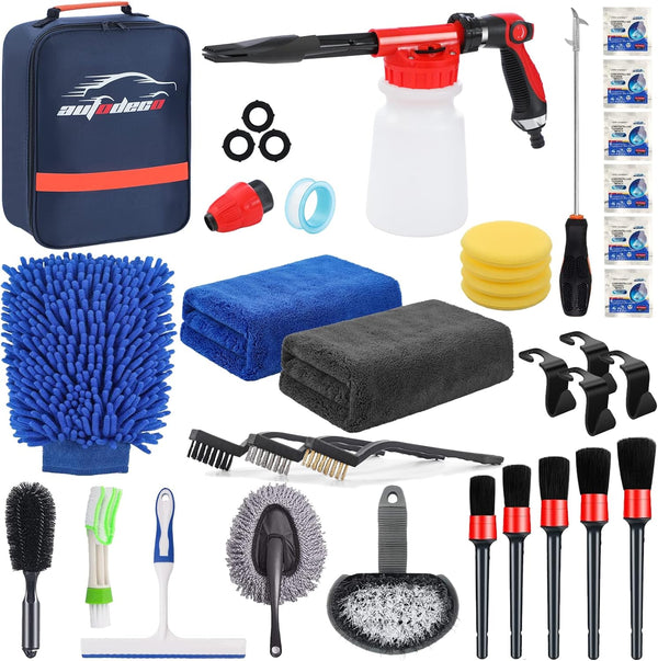 AUTODECO Car Cleaning Kit, 42Pcs Car Wash Detailing Kit Cleaning Set with Foam Gun Sprayer, Long-Handle Brush, Collapsible Bucket, Large Wash Mitt