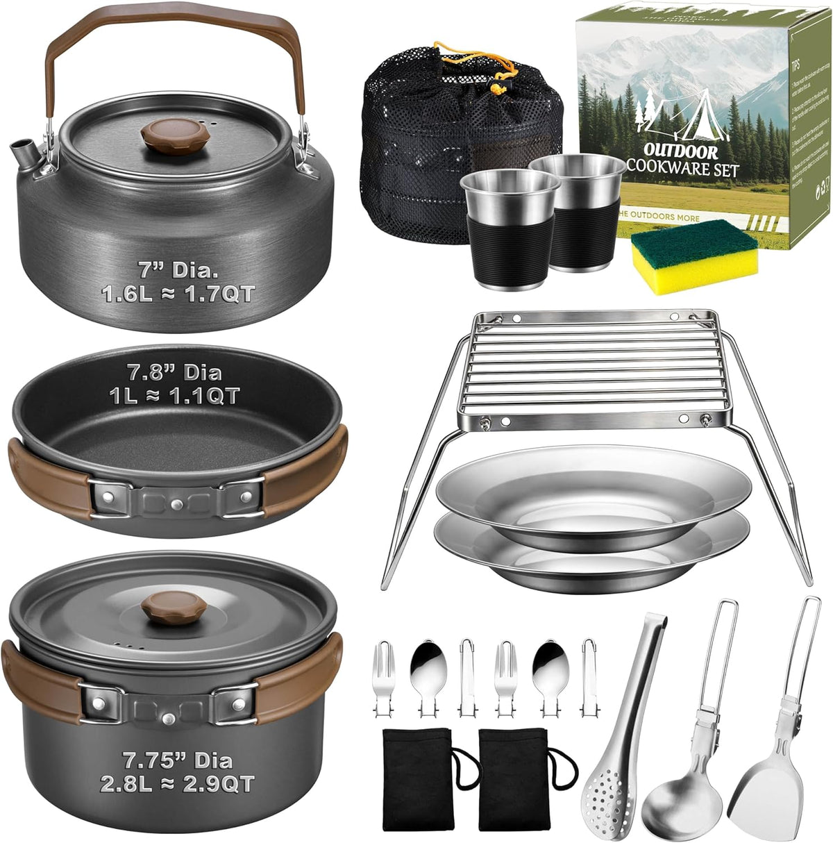 Joyfair Camping Cookware Set, 18Pcs Camping Cookware Mess Kit, Joyfair 7.8” Nonstick Camp Cooking Utensil Set (Pot, Pan, Kettle, Grill Grate)