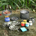 Camping Cookware Set, Odoland 22pcs Camping Cookware Mess Kit, Large Size Hanging Pot Pan Kettle with Base Cook Set for 4