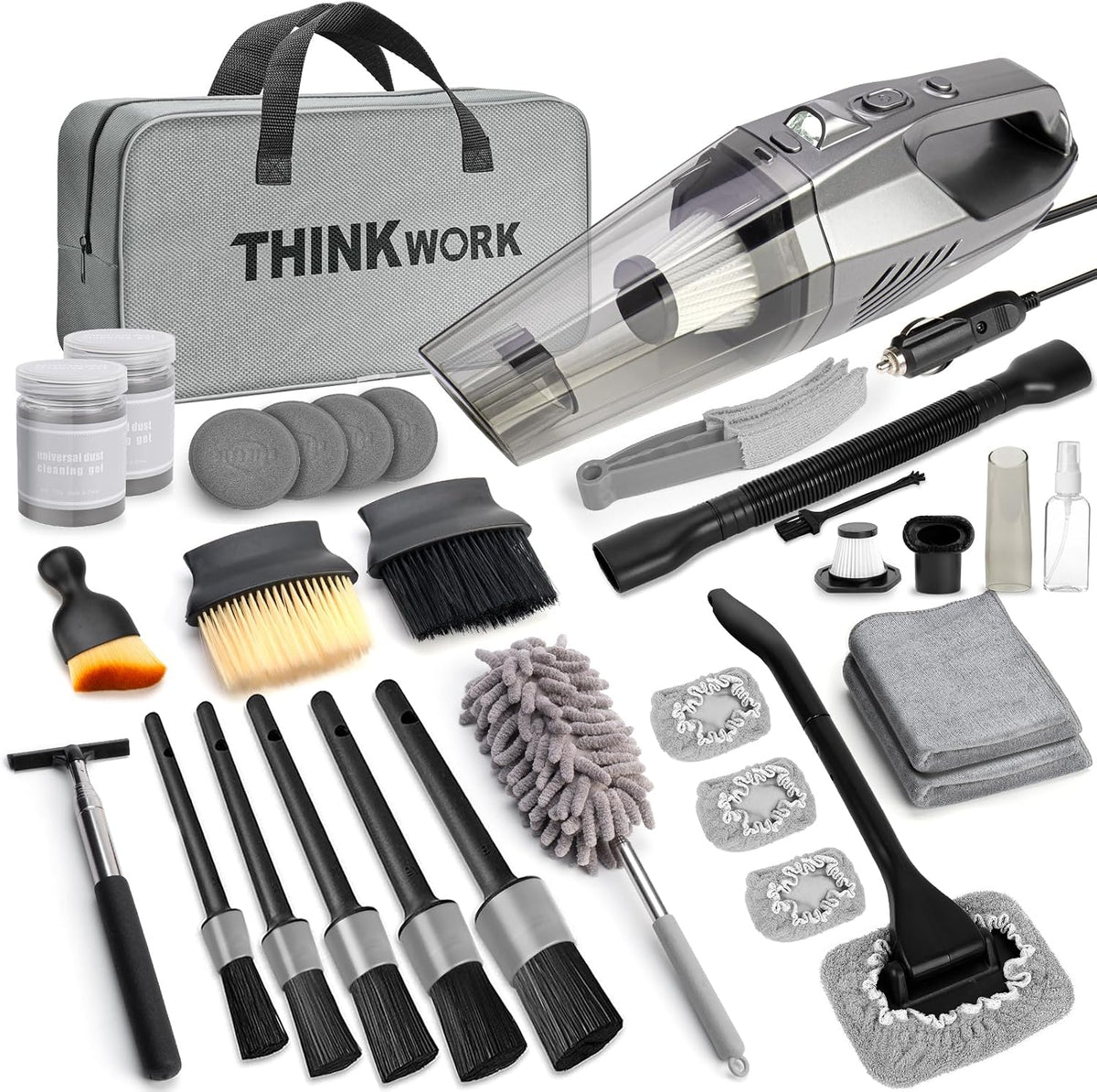 THINKWORK Car Cleaning Kit, Car Detailing Kit Interior Cleaner with High Power Handheld Vacuum, 10Pcs Detailing Brush and Storage Bag