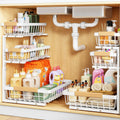 Home Storage Organizer, PXRACK Under Sink Organizer, 2-Pack 3-Tier Height Adjustable Thickened Metal Pull out Cabinet Organizer Shelf