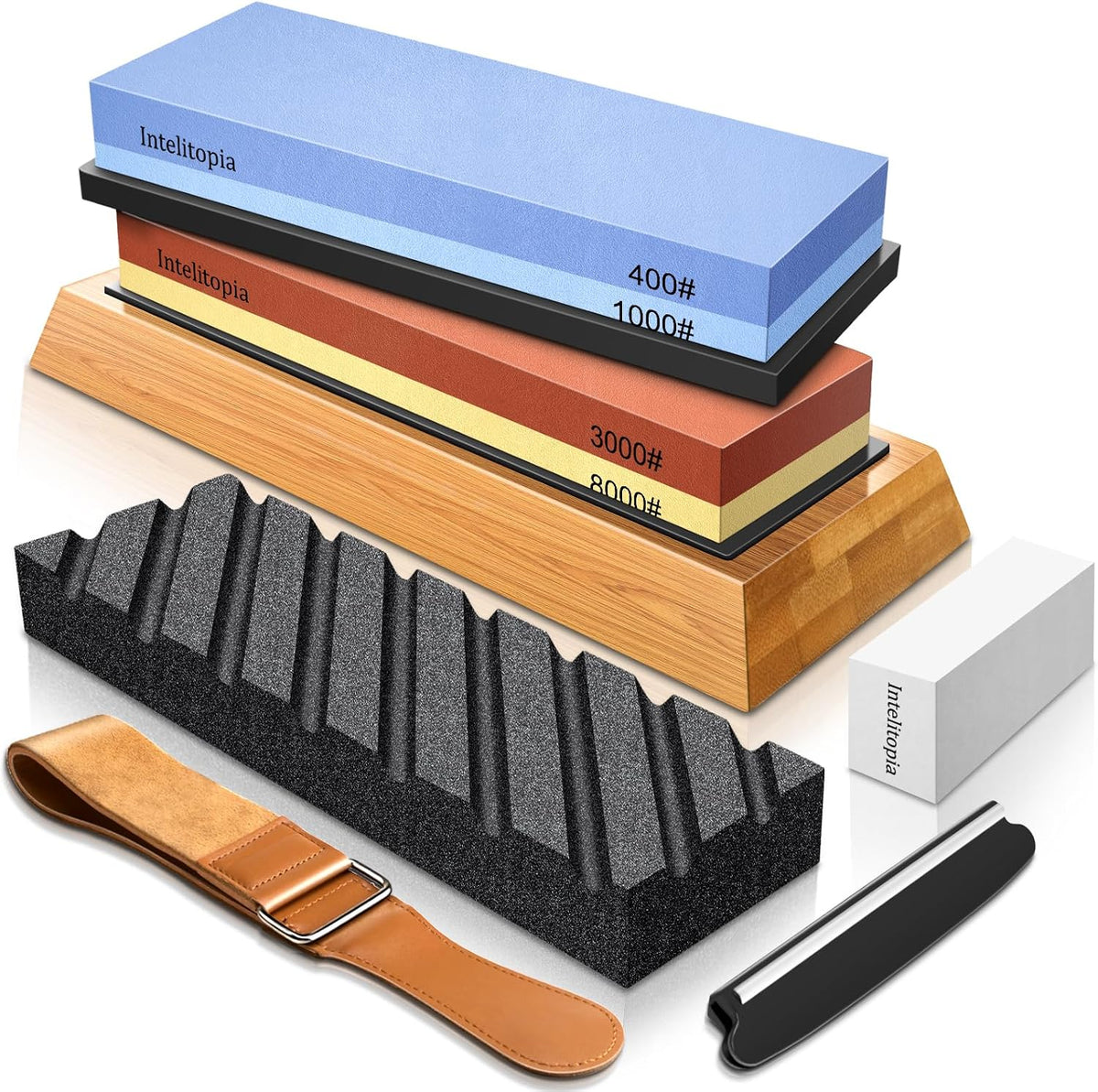 Intelitopia Complete Knife Sharpening Stone Set, Dual Grit Whetstone 400/1000 3000/8000 Knife Sharpener with Leather Strop, Flattening Stone