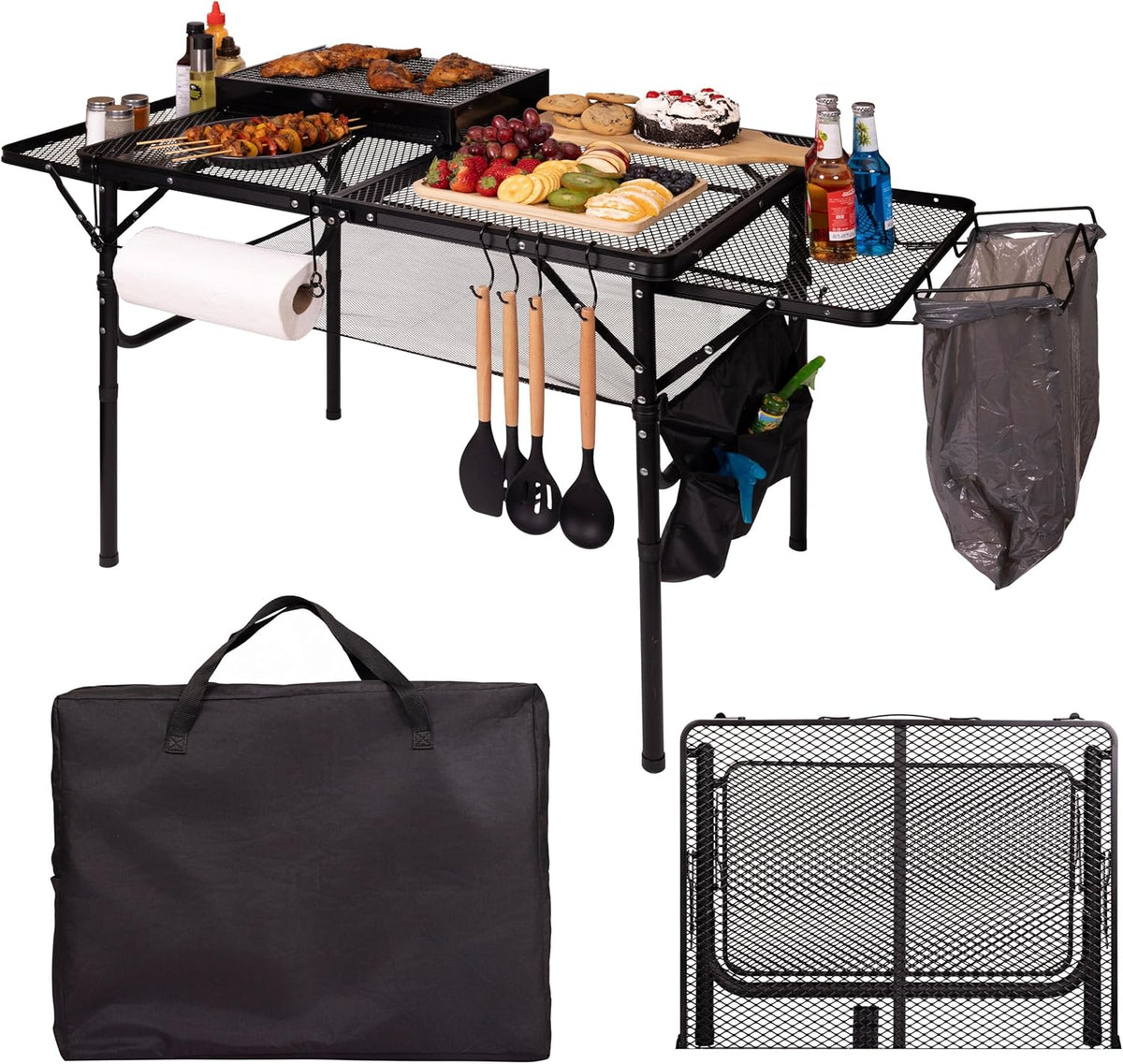 Camping Furniture, Folding Table w/ Carry Bag, Paper Towel Holder, Garbage Holder, Wing Panels, 3x2 FT Foldable Table for Portable Grill, Picnic