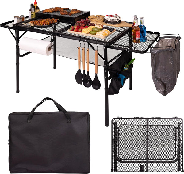 Camping Furniture, Folding Table w/ Carry Bag, Paper Towel Holder, Garbage Holder, Wing Panels, 3x2 FT Foldable Table for Portable Grill, Picnic